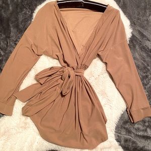PRETTYLITTLETHING PLUS beige tie waist blouse